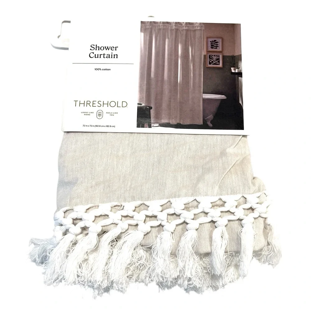 Threshold Ivory Natural Cotton Shower Curtain 72 X 72 Crochet Tassel Boho Fringe